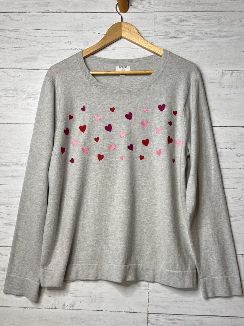 J Crew Factory Sweater Womens Size XXL Gray 100% Cotton Embroidered Hearts